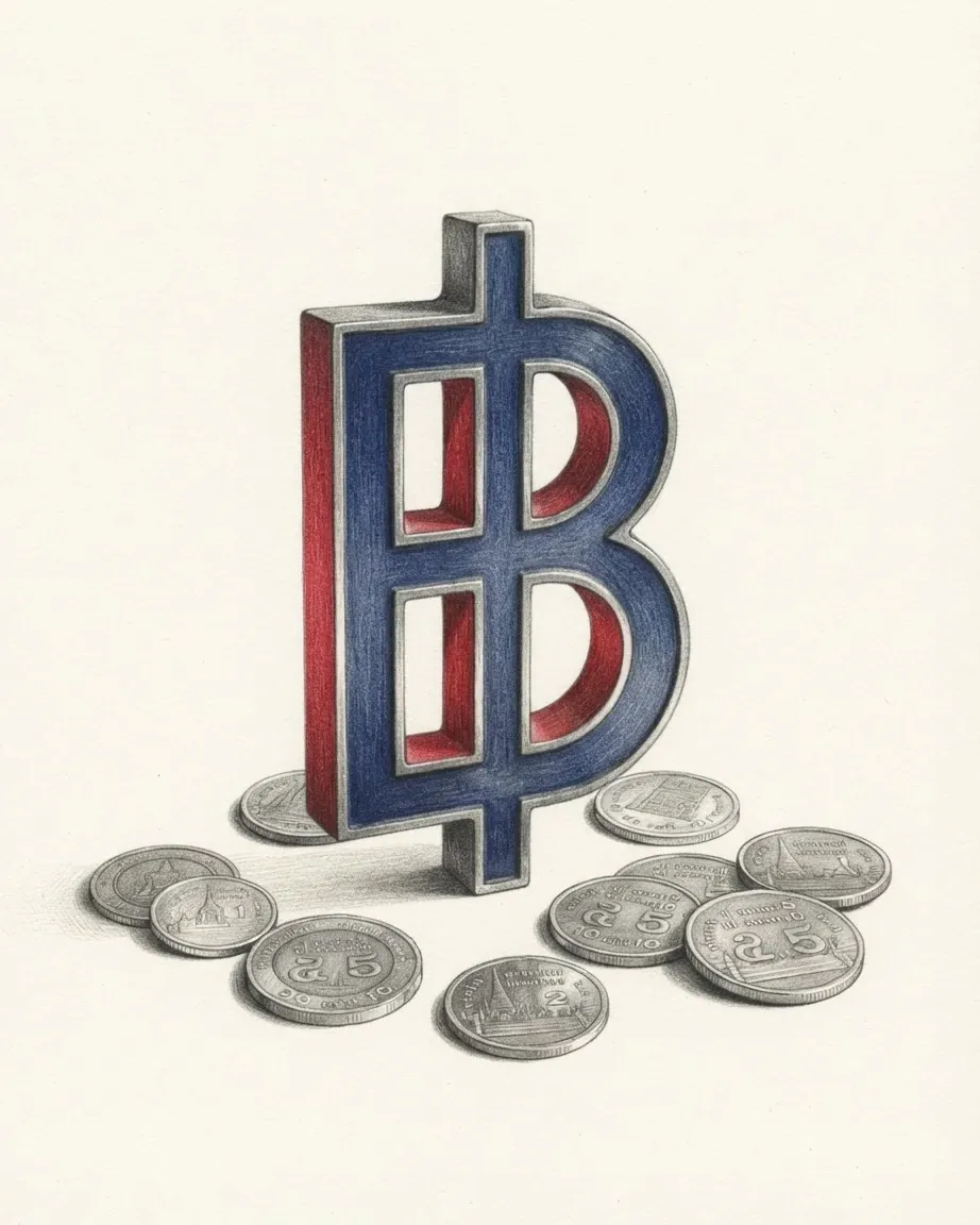 A pencil drawing of the sign ฿ as a solid coloured object, standing among coins of the Thai baht.