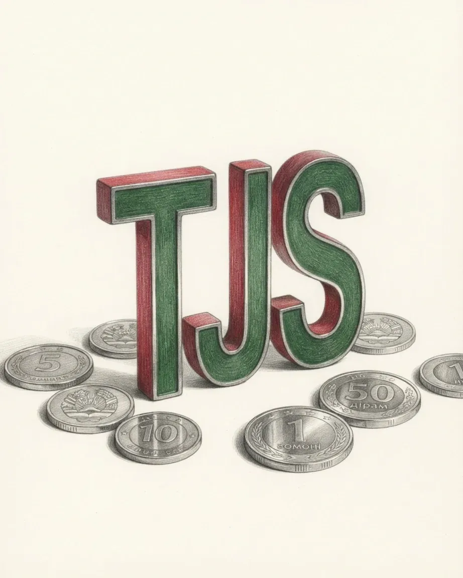 A pencil drawing of the letters TJS as a solid coloured object, standing among coins of the Tajikistani somoni.