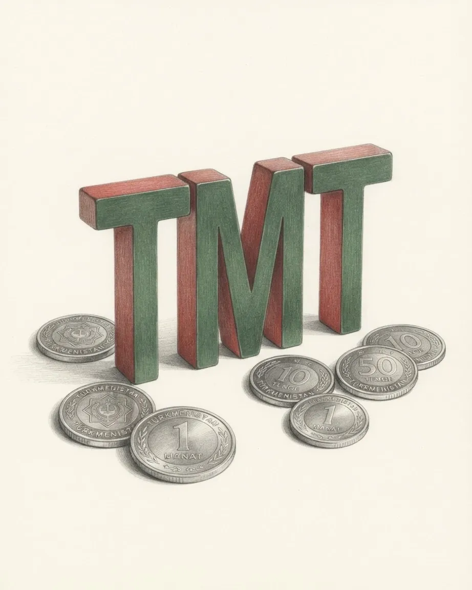 A pencil drawing of the letters TMT as a solid coloured object, standing among coins of the Turkmenistani manat.