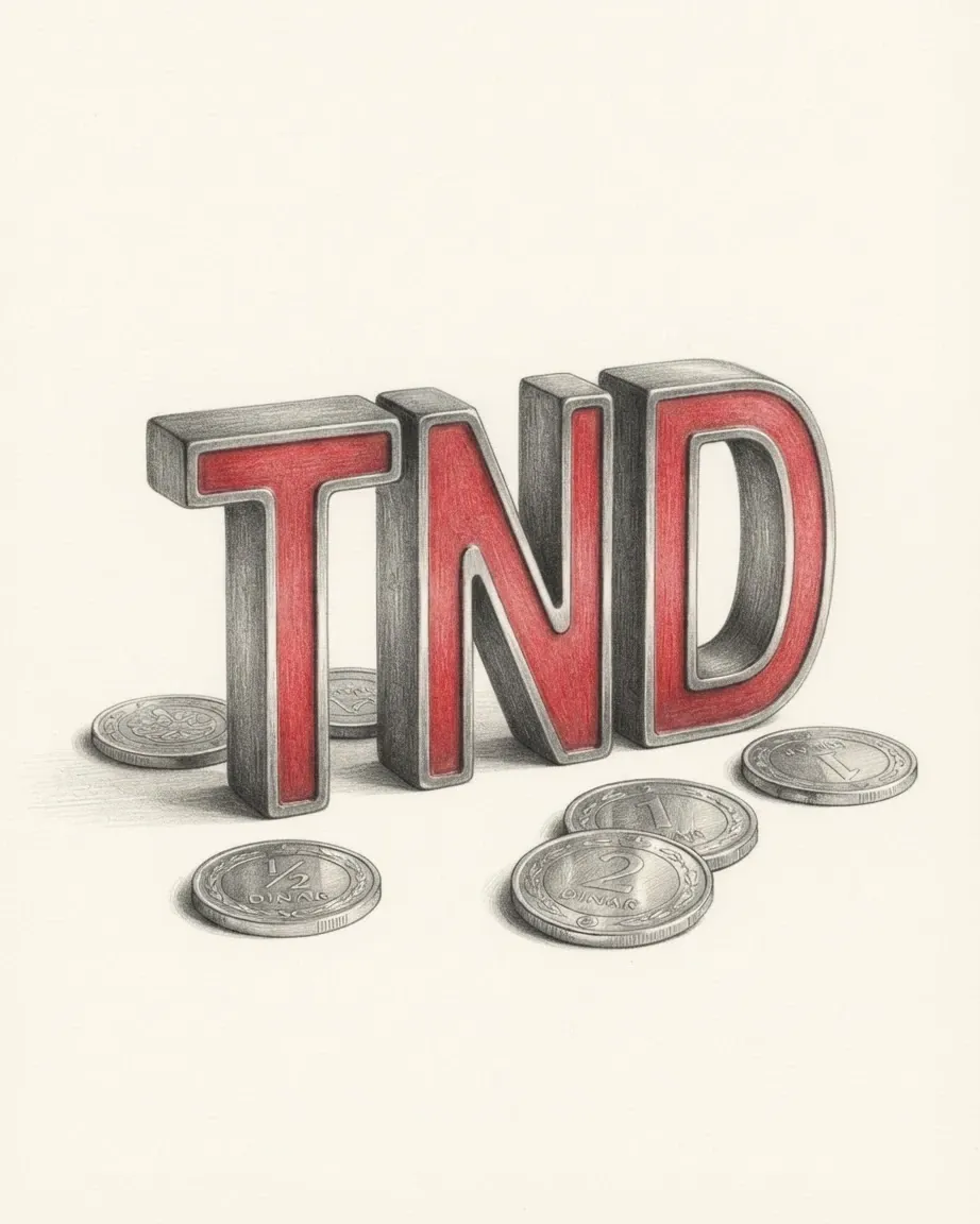 A pencil drawing of the letters TND as a solid coloured object, standing among coins of the Tunisian dinar.