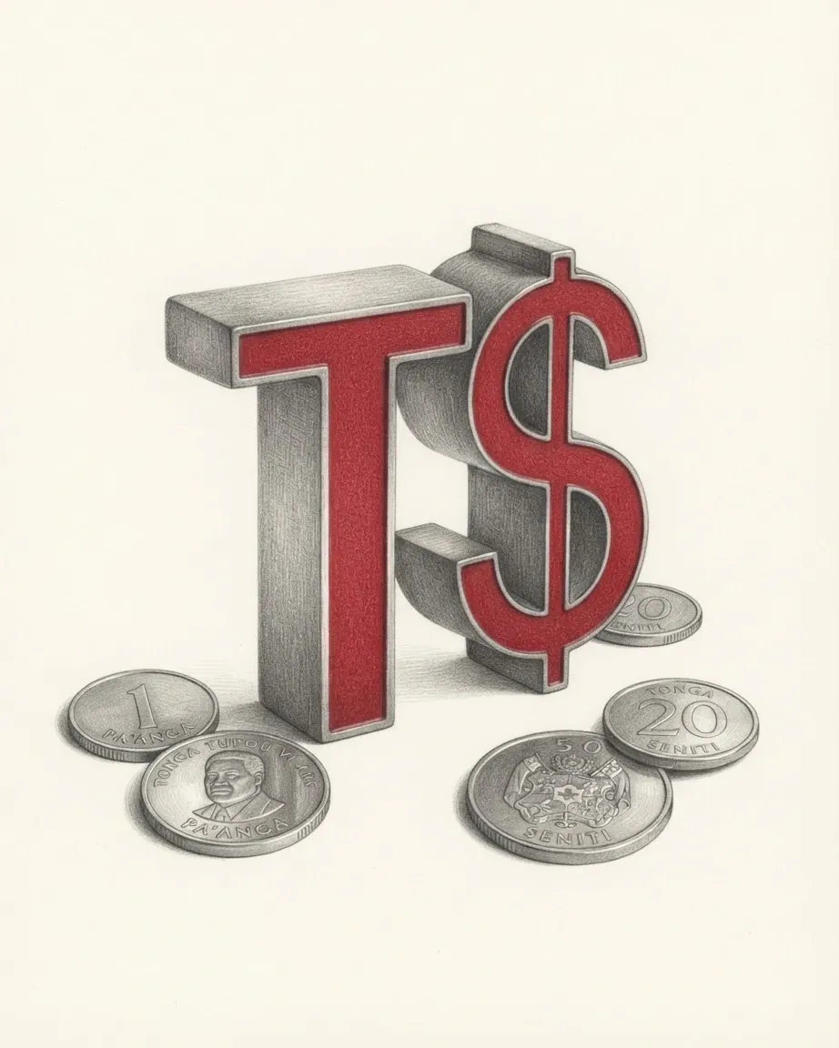 A pencil drawing of the sign T$ as a solid coloured object, standing among coins of the Tongan paʻanga.
