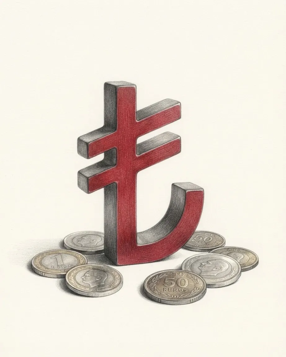 A pencil drawing of the sign ₺ as a solid coloured object, standing among coins of the Turkish lira.