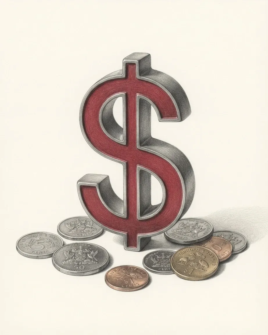 A pencil drawing of the sign $ as a solid coloured object, standing among coins of the Trinidad & Tobago dollar.