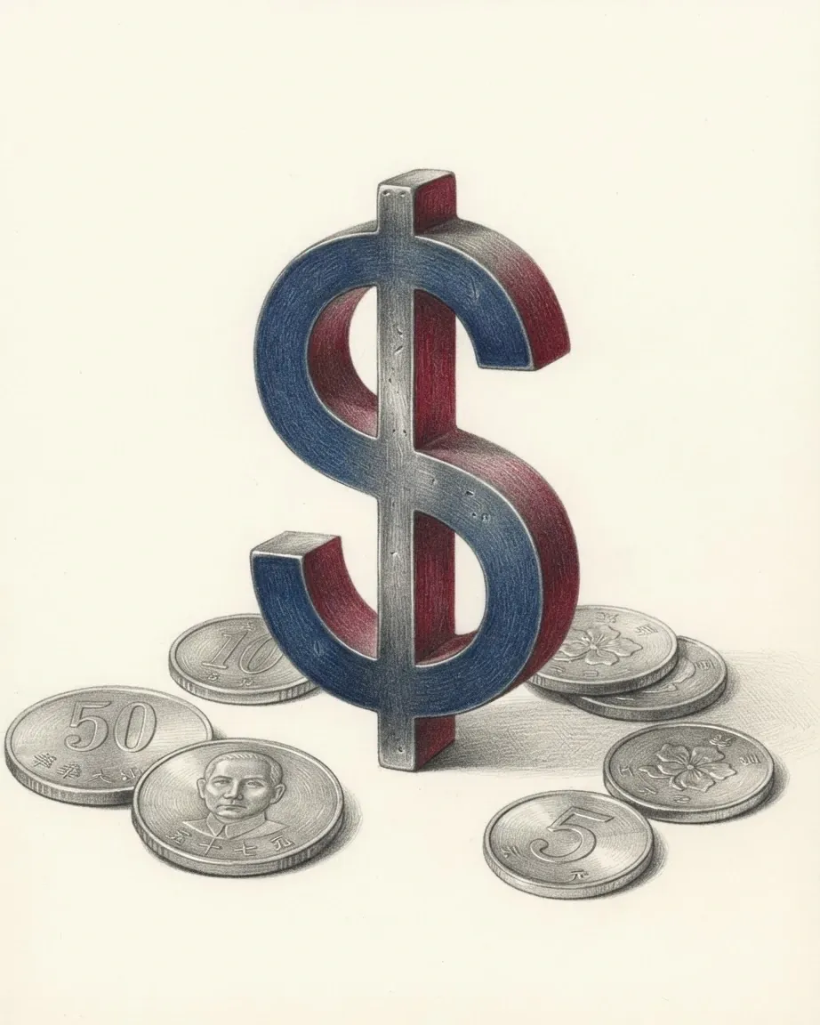 A pencil drawing of the sign $ as a solid coloured object, standing among coins of the New Taiwan dollar.