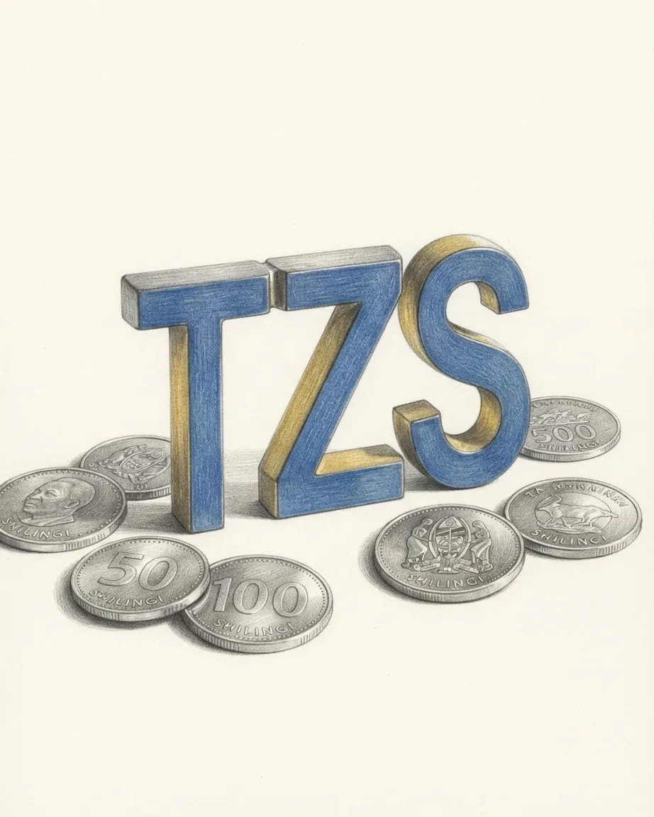 A pencil drawing of the letters TZS as a solid coloured object, standing among coins of the Tanzanian shilling.