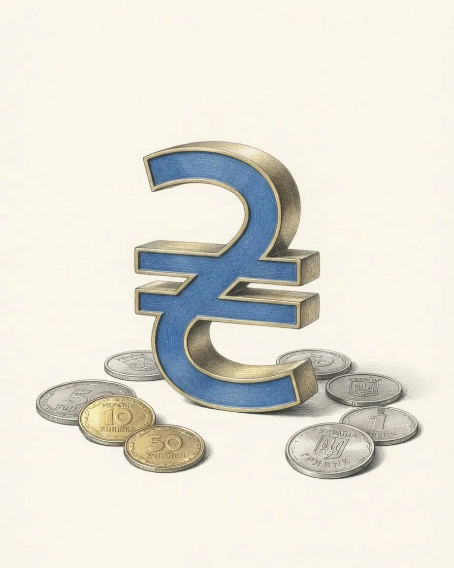 A pencil drawing of the sign ₴ as a solid coloured object, standing among coins of the Ukrainian hryvnia.
