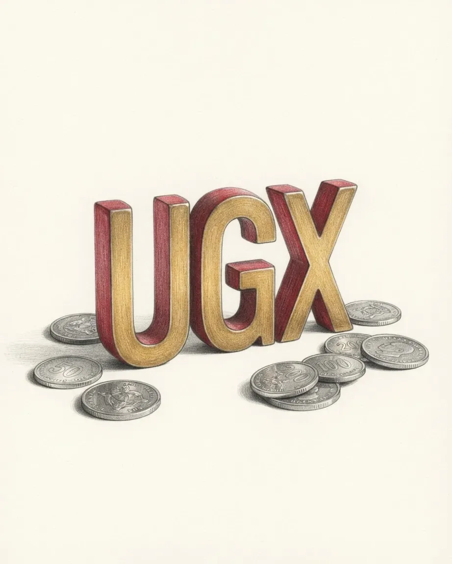 A pencil drawing of the letters UGX as a solid coloured object, standing among coins of the Ugandan shilling.