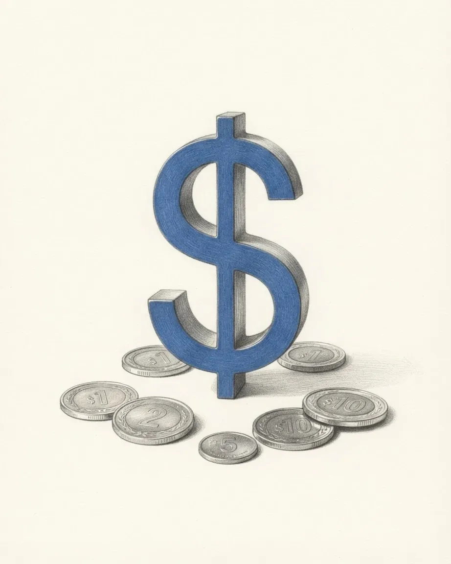 A pencil drawing of the sign $ as a solid coloured object, standing among coins of the Uruguayan peso.