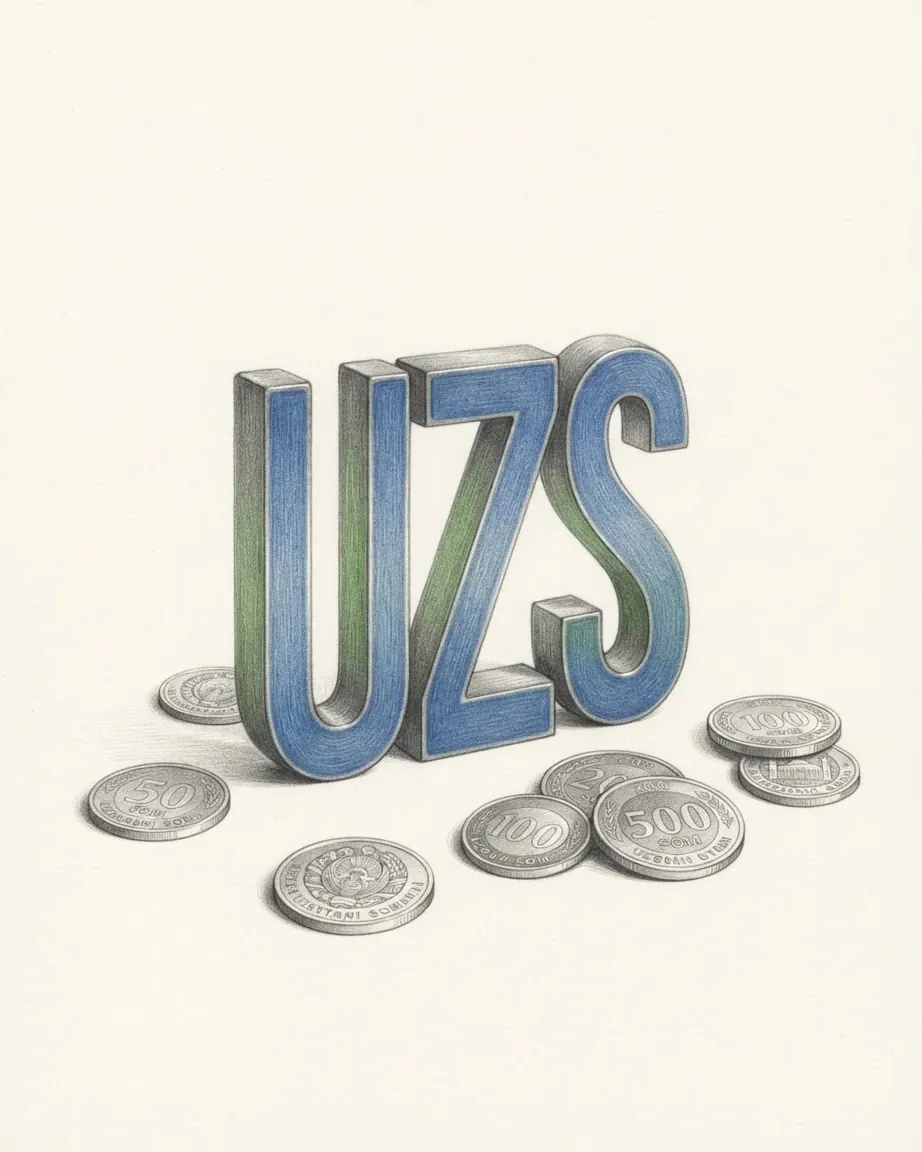A pencil drawing of the letters UZS as a solid coloured object, standing among coins of the Uzbekistani som.