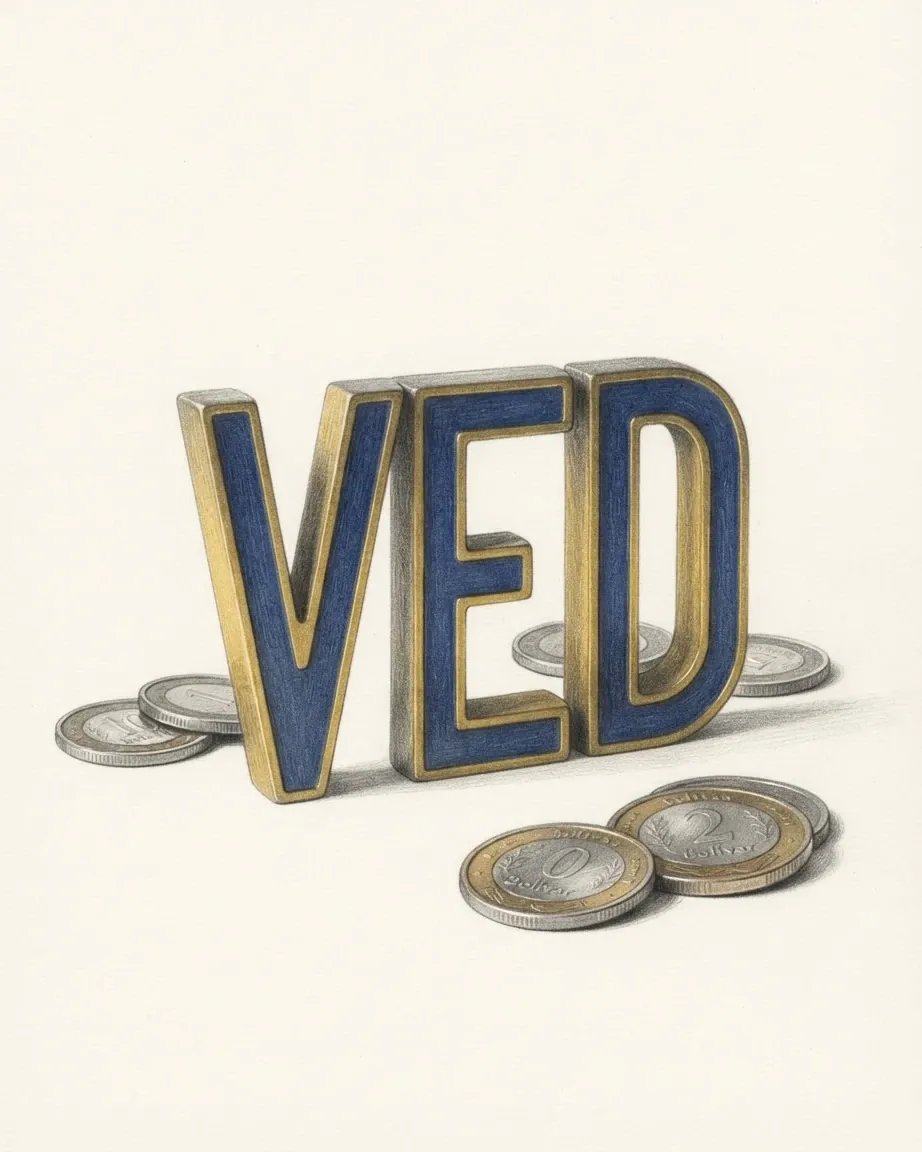 A pencil drawing of the letters VED as a solid coloured object, standing among coins of the Bolívar soberano.