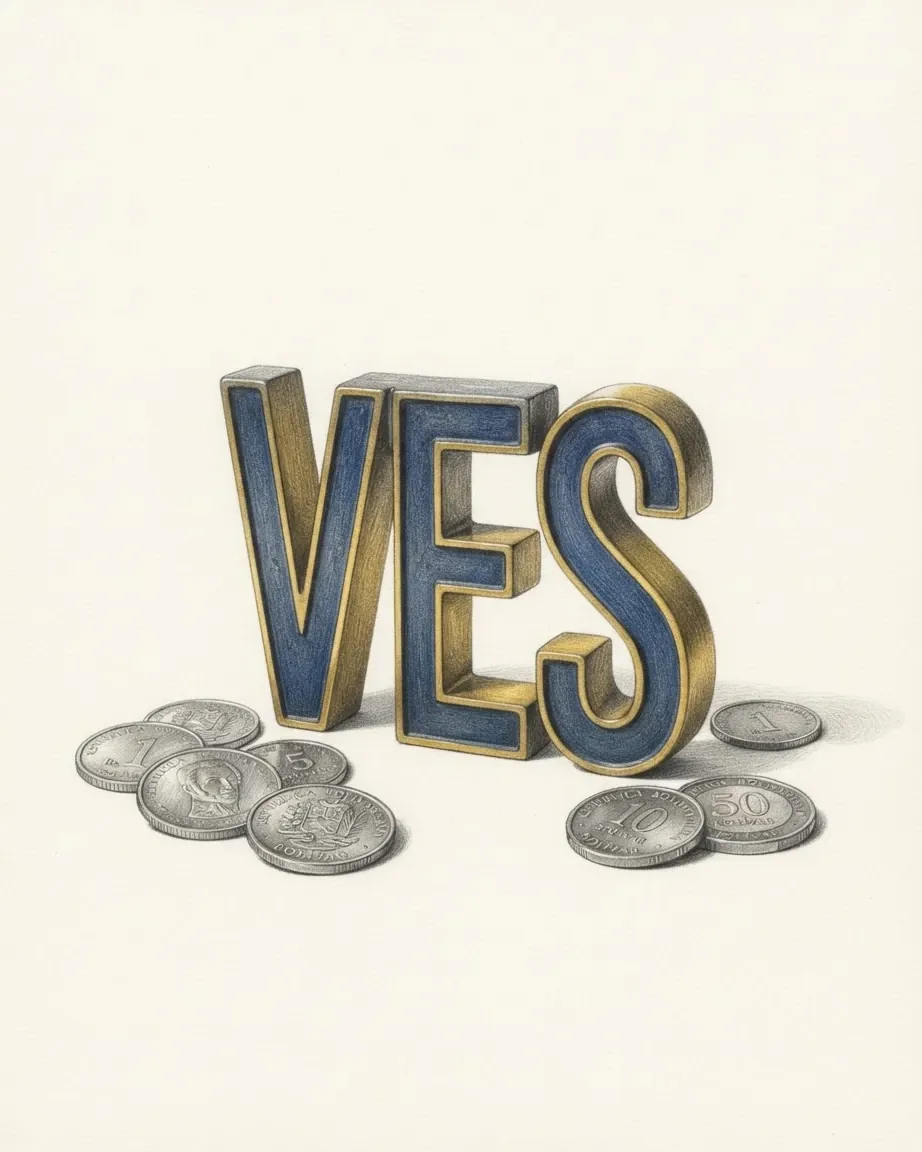A pencil drawing of the letters VES as a solid coloured object, standing among coins of the Venezuelan bolívar.