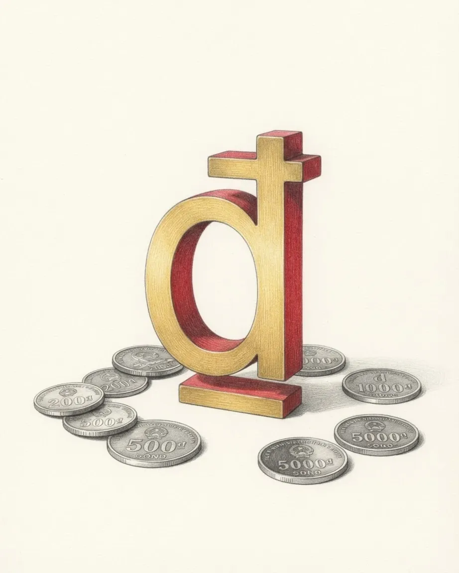 A pencil drawing of the sign ₫ as a solid coloured object, standing among coins of the Vietnamese dong.