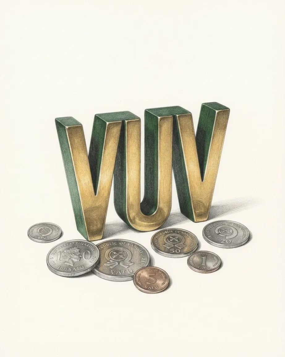 A pencil drawing of the letters VUV as a solid coloured object, standing among coins of the Vanuatu vatu.