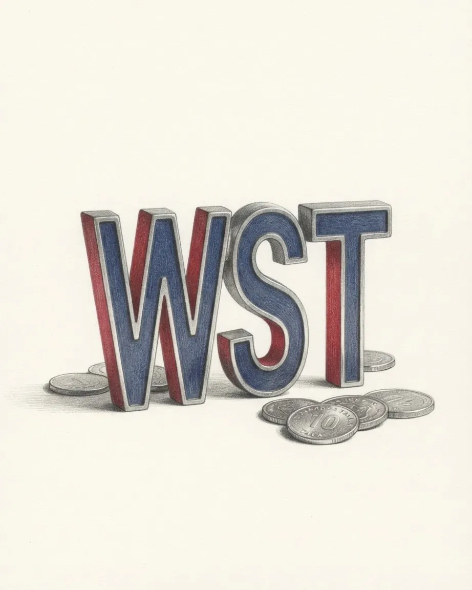 A pencil drawing of the letters WST as a solid coloured object, standing among coins of the Samoan tala.