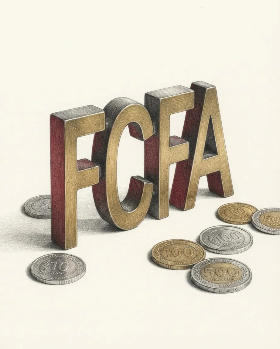 A pencil drawing of the sign FCFA as a solid coloured object, standing among coins of the Central African CFA franc.