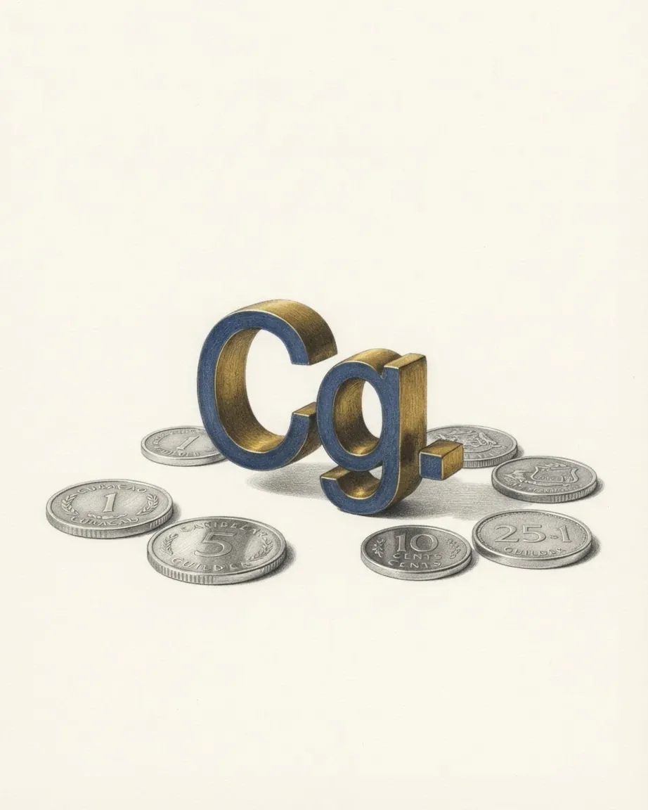 A pencil drawing of the sign Cg. as a solid coloured object, standing among coins of the Caribbean guilder.