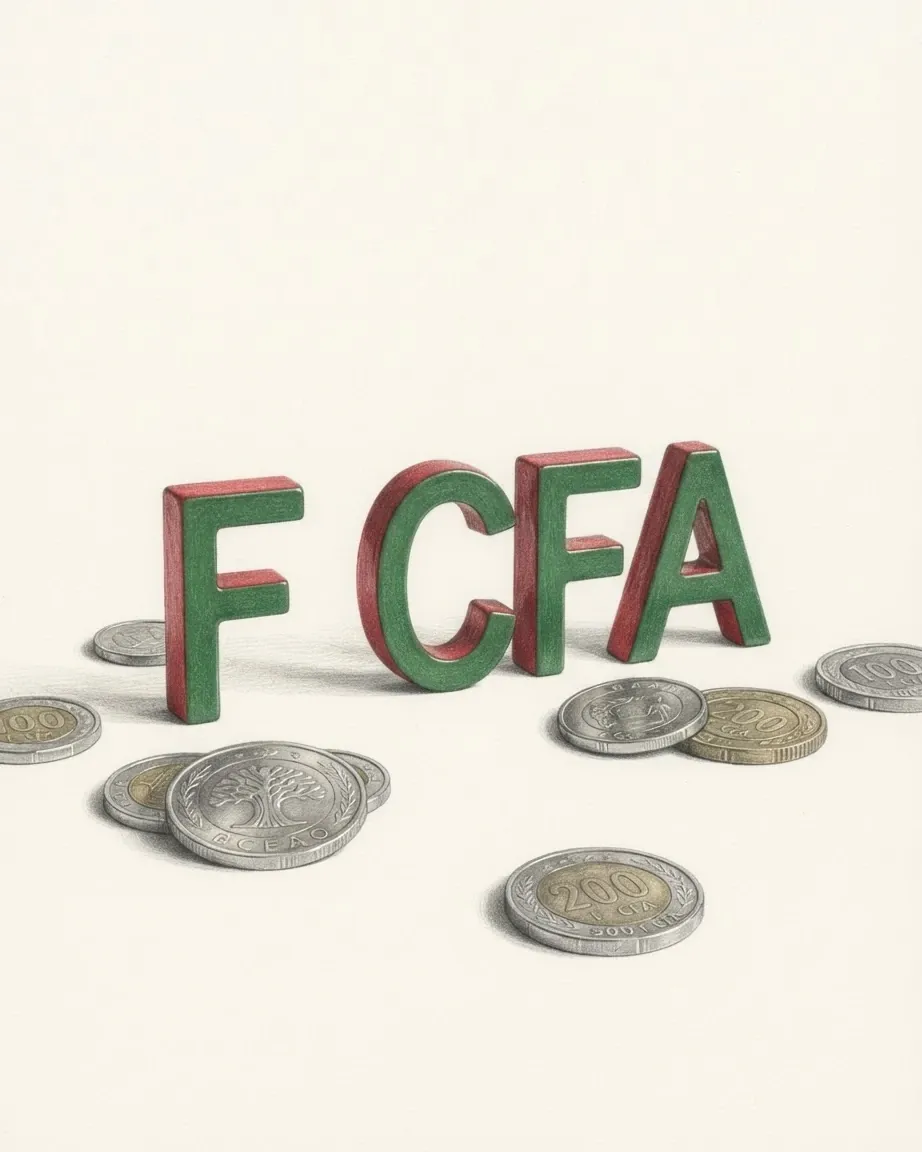 A pencil drawing of the sign F CFA as a solid coloured object, standing among coins of the West African CFA franc.