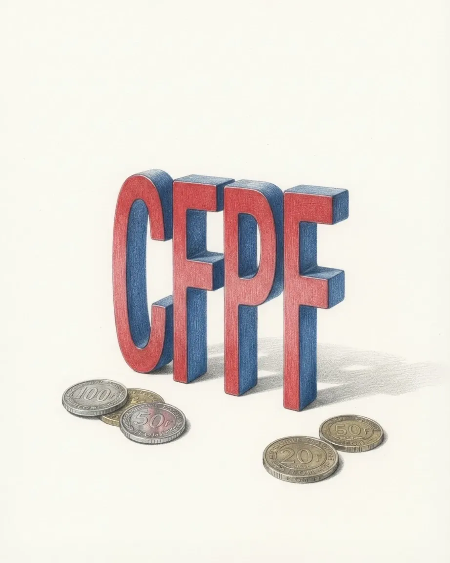 A pencil drawing of the sign CFPF as a solid coloured object, standing among coins of the CFP franc.