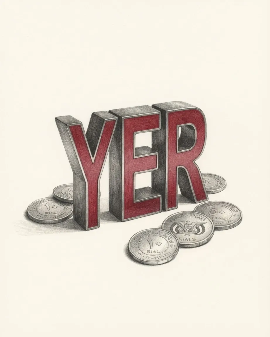 A pencil drawing of the letters YER as a solid coloured object, standing among coins of the Yemeni rial.