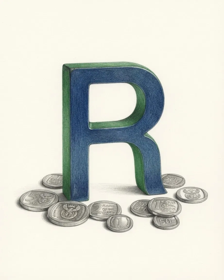 A pencil drawing of the sign R as a solid coloured object, standing among coins of the South African rand.