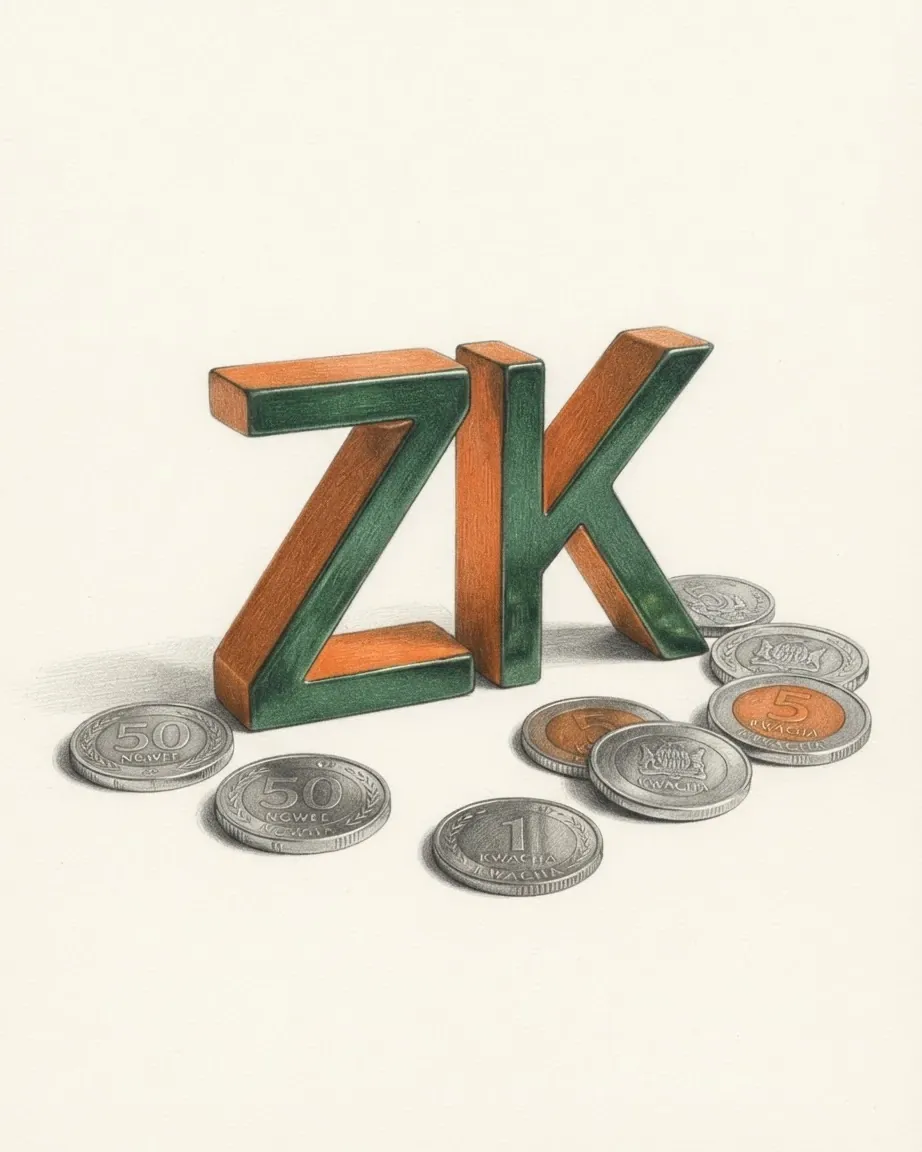 A pencil drawing of the sign ZK as a solid coloured object, standing among coins of the Zambian kwacha.