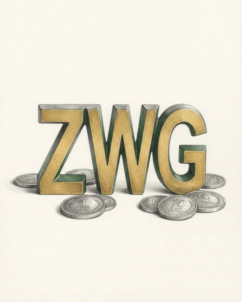 A pencil drawing of the letters ZWG as a solid coloured object, standing among coins of the Zimbabwean gold.
