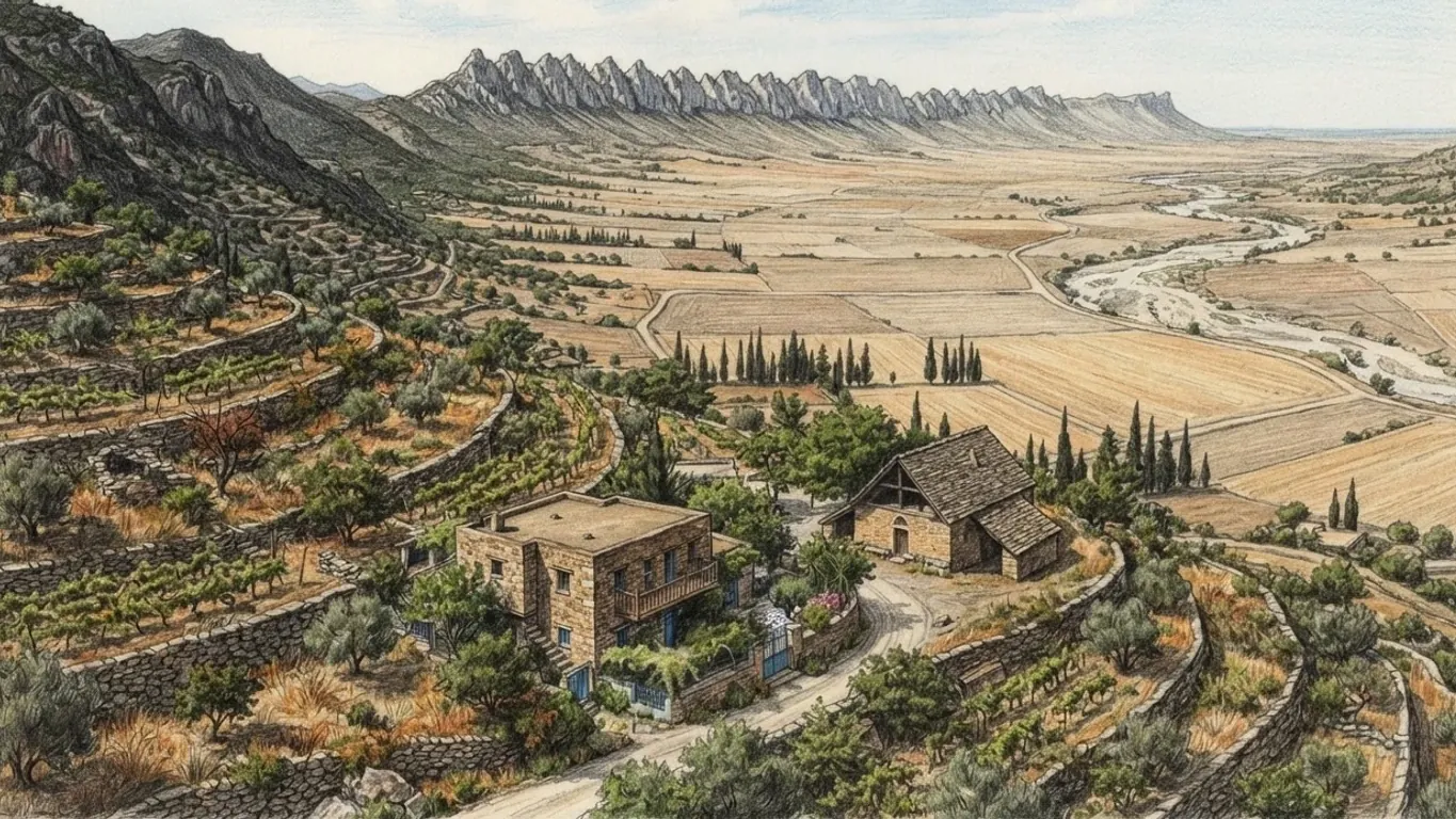 A Cypriot valley in coloured pencil over graphite, seen from a terraced slope. Dry stone terraces planted with vines and olive trees step down the hillside in the foreground, and a road runs between a stone village house with a flat roof, a wooden balcony and blue gates and a small stone church under a steep roof of flat tiles. Beyond them a broad plain of cut cereal and ploughed fields, divided by tracks and lines of cypress, is crossed by a dry riverbed of pale stones. A long limestone ridge with a jagged crest closes the far side of the plain, and dark rocky mountains rise on the left.