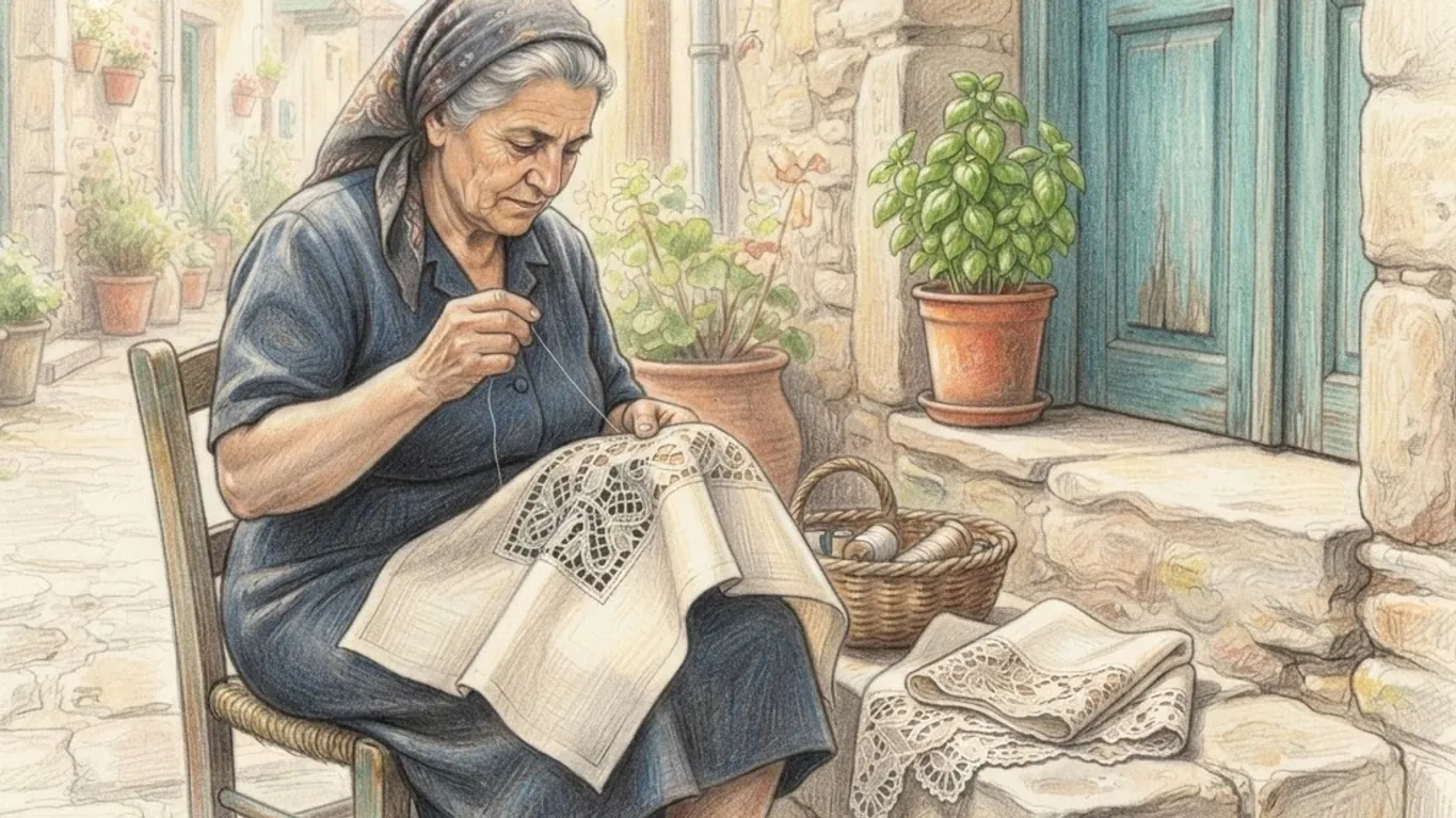 A grey-haired woman in a dark blue dress and a patterned headscarf working lace on a rush-seated chair outside her house, drawn in coloured pencil over graphite. She draws a thread through the cut work of a linen cloth spread across her knee, and beside her on the stone step lie a folded finished piece of lace and a basket of thread spools. Behind her are a weathered blue door, a pot of basil, stone walls and a village street lined with potted plants.