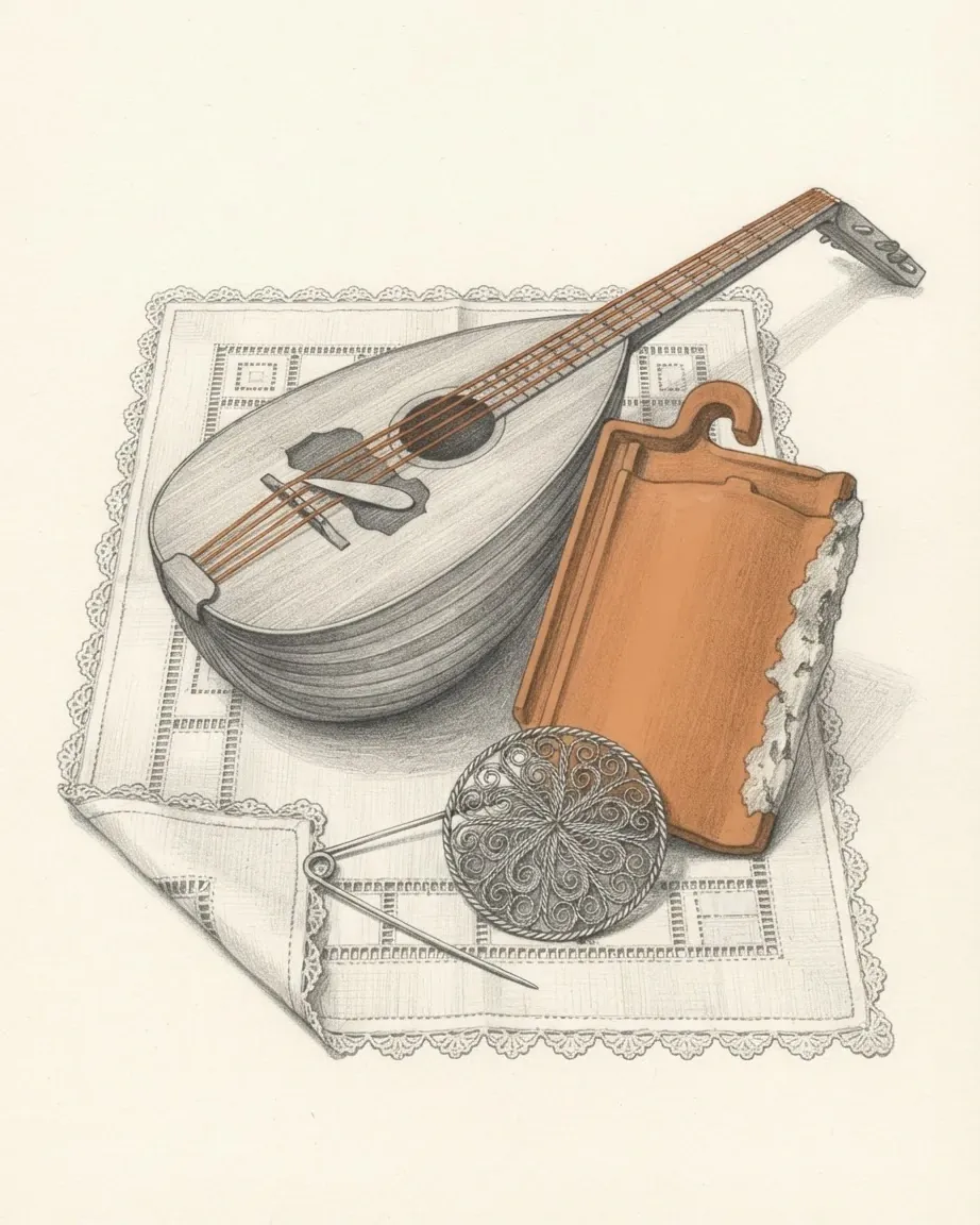 A Cypriot laouto lying diagonally across a panel of Lefkara lace drawn in graphite, its strings in copper and a horn plectrum slipped under them. A hooked clay roof tile in terracotta with mortar crusted along one edge stands against the lute, and a round silver filigree brooch with its pin open lies on the lace, one corner of which is turned back.