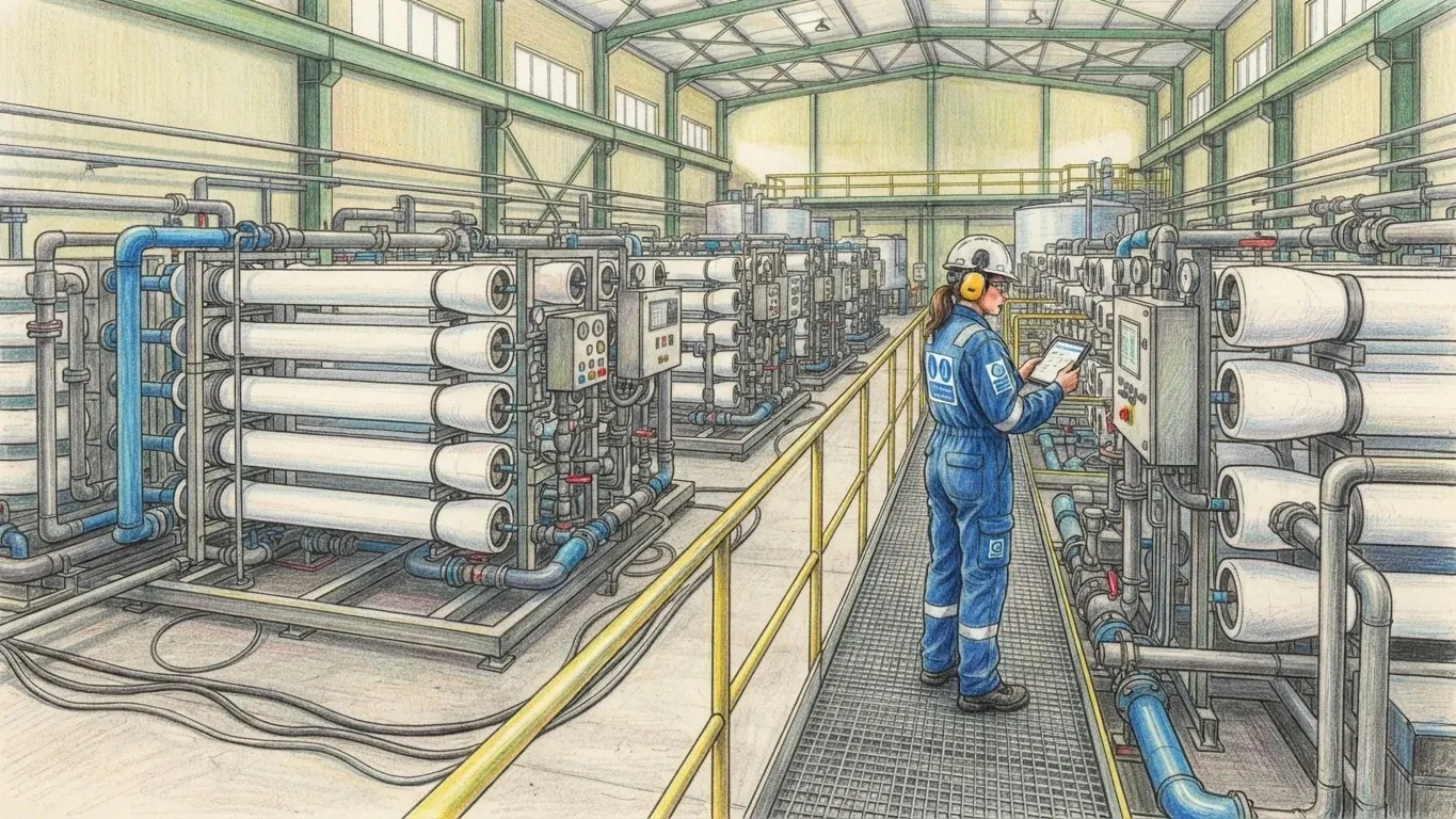 A technician in blue overalls, a white hard hat and yellow ear defenders stands on a steel walkway in the hall of a desalination plant, drawn in coloured pencil over graphite. She holds a tablet in one hand and faces a control panel. On both sides long racks of white pressure vessels, joined by blue and grey pipes, run away into the depth of the hall under a green steel roof lit by high windows.