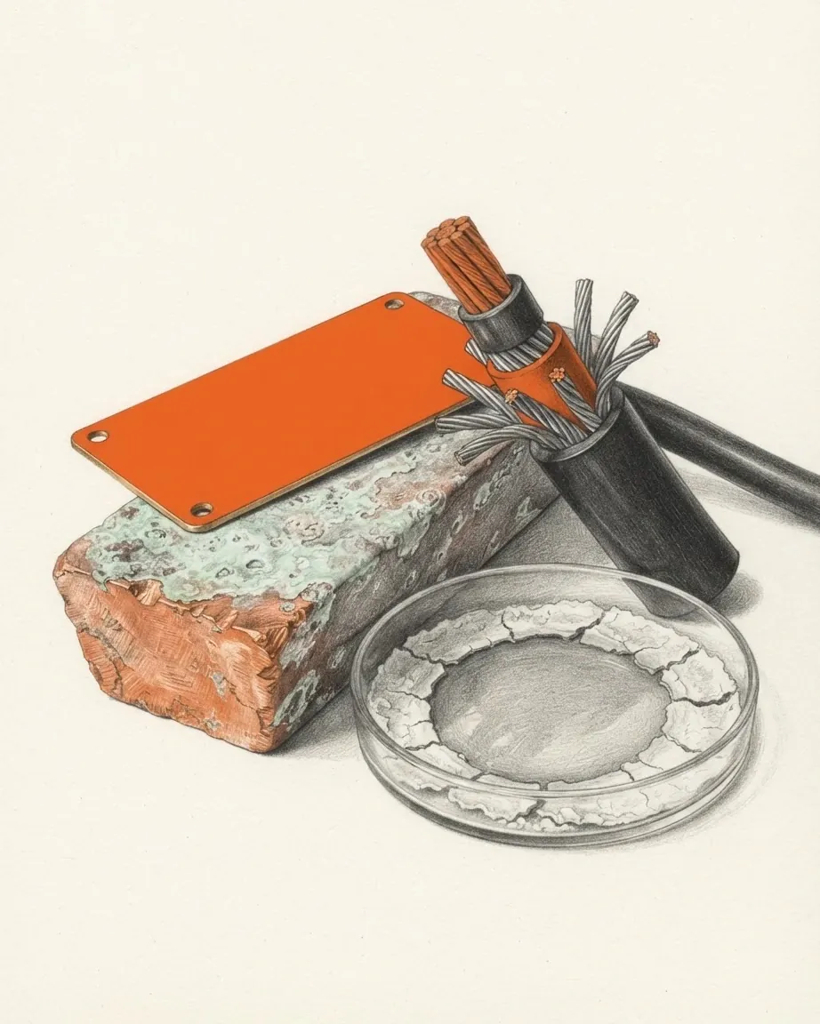 A heavy copper ingot crusted with pale green corrosion drawn in graphite and colour, a blank orange registration plate with four empty screw holes lying loose across it. The cut end of a thick black submarine cable leans against the ingot, its steel armour wires splayed and its copper conductors bright, and in front stands a shallow glass dish with a thin film of water inside a cracked ring of dried salt.