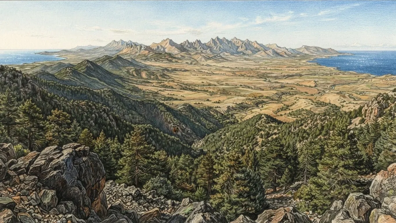 The island seen from a high rocky summit, drawn in coloured pencil over graphite. Dark broken rock and pine forest fill the foreground, and forested ridges fall away to a broad pale plain of dry fields across the middle of the picture. A long jagged ridge of limestone peaks stands along the far side of the plain, with blue sea shining beyond both coasts. Nothing built appears anywhere in the picture.