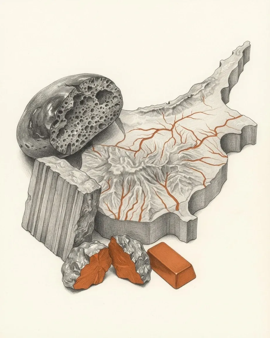 A cast relief model of Cyprus drawn in graphite, its dry river channels picked out in copper orange as they run outward from the mountain dome in the south-west. A split boulder of pillow lava full of small holes and a slab of banded dyke rock lean against it, and in front lie two lumps of copper ore with orange broken faces and a small copper ingot.
