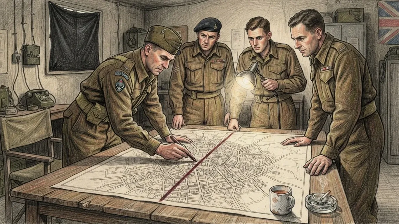 Four officers in khaki battledress gathered round a table in a plain army office, drawn in coloured pencil over graphite. One leans over a large street map of a city and draws a red line straight across it with a pencil while the others watch, one of them holding a desk lamp closer. A mug of tea and an ashtray with a burning cigarette sit on the corner of the table. Behind them are field telephones, a blacked-out window, metal cabinets and a Union flag on the wall.