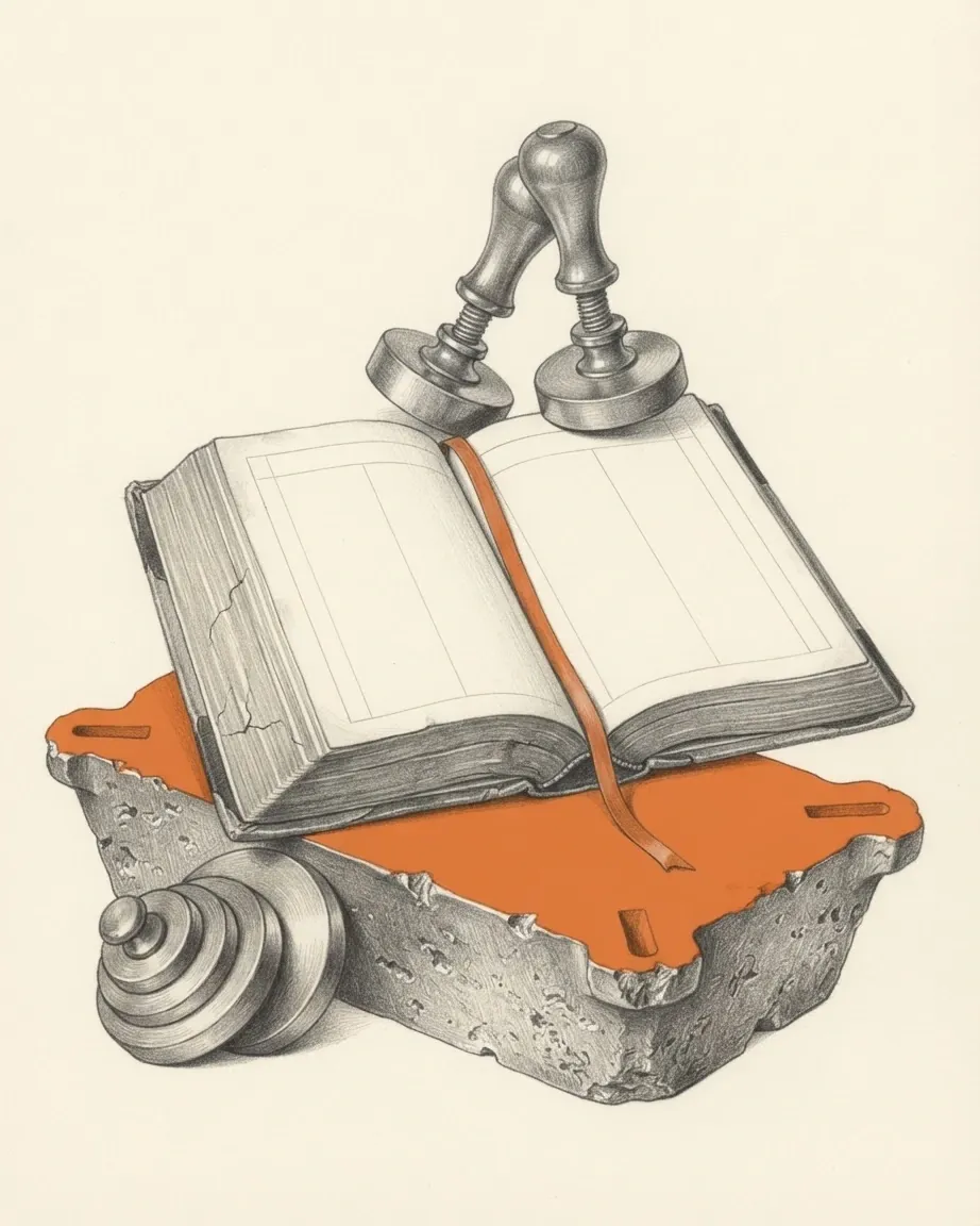 A cast copper ingot of the oxhide kind drawn in graphite, its upper face in orange, with an open cloth-bound book resting on it, its blank pages ruled into columns and an orange ribbon marker trailing over the edge. Two brass seal presses lean against each other behind the book, and a stack of graduated brass weights lies against the corner of the ingot.