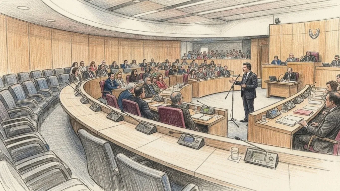 A parliamentary chamber during a sitting, drawn in coloured pencil over graphite from the side of the seats. In the near ground a curved block of grey seats stands empty, each microphone folded down, while beyond it members sit at wooden desks listening to a man standing at a microphone to speak. Officials sit at a raised bench against the panelled wall on the right beneath an emblem, and a public gallery is full behind.