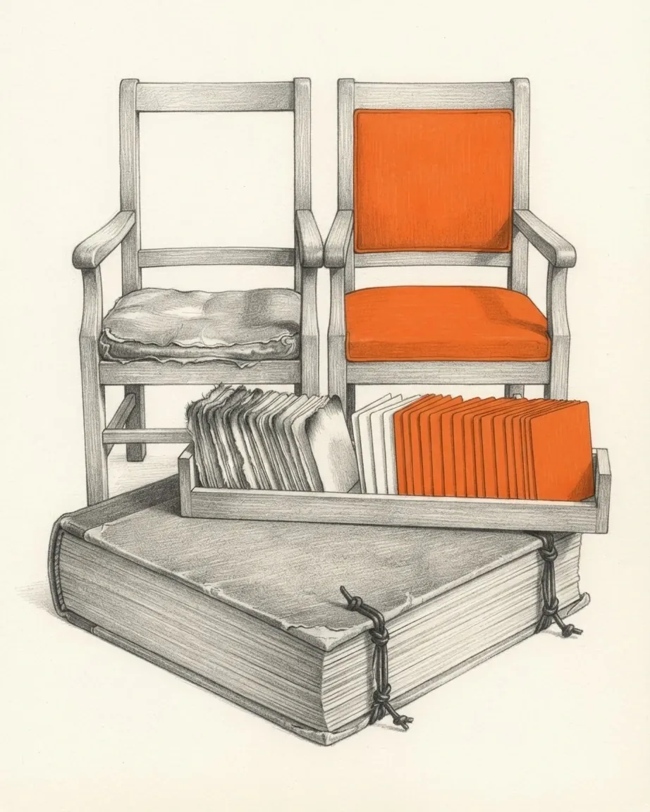 Two matching wooden armchairs side by side drawn in graphite, the left one bare with a worn, flattened seat pad and the right one upholstered in orange and never sat in. In front of them a closed, heavy law book tied through its pages with knotted cord carries a wooden rack of blank cards, those on the left frayed from handling and a run on the right standing clean and square, most of them orange.