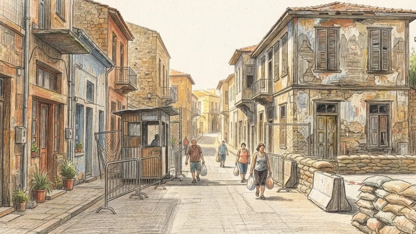 A pedestrian crossing point in an old town, seen along a narrow street, drawn in coloured pencil over graphite. A small guard booth and metal crowd barriers stand to the left, and to the right sandbag walls, a concrete block and a disused two-storey house with peeling plaster and closed shutters line the way. A few people carrying shopping bags walk towards the viewer, and beyond the crossing the street runs on between old stone houses in bright light.