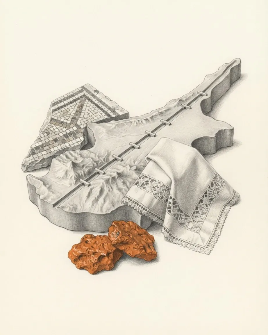 A cast relief model of Cyprus drawn in graphite, a narrow straight channel milled across it from west to east and crossed by small bridges at intervals. A folded linen cloth with cut work and a needlepoint edge is draped over one edge, a broken fragment of floor mosaic with a geometric border leans against the western end, and two pitted lumps of smelted copper in orange lie in front.