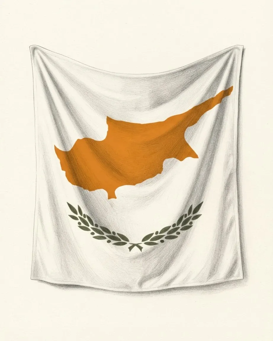 The flag of Cyprus drawn as a hanging cloth in graphite, its white field falling in soft folds, the copper-orange outline of the island across the middle and two crossed olive branches in dark green beneath it.