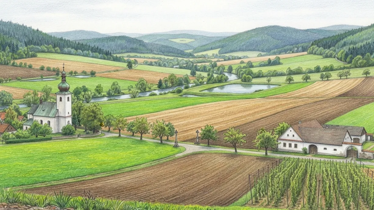 A Czech basin seen from a slope, drawn in coloured pencil over graphite. Large open fields run in wide bands over the swell of the ground with no hedges or walls between them, divided only by a change of crop: green pasture, pale stubble and dark ploughed soil side by side, with hops trained on tall wire frames on the near right. Avenues of fruit trees follow the field roads, a shallow river with willows crosses the middle distance and two ponds sit in the low ground behind grassy dams. A white church with a square tower and a green copper onion dome stands over a village of tiled roofs to the left, and a long whitewashed farmhouse with two arched gateways into a walled yard stands to the right. Low wooded hills of spruce close the horizon.