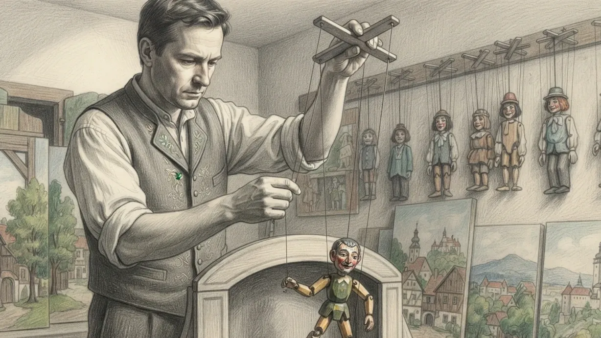 A puppeteer working a carved marionette above the small stage he works it from, drawn in coloured pencil over graphite. He stands off centre in shirtsleeves and an embroidered waistcoat, holding the control bar high in one hand with the strings running down to the jointed limewood figure below, its face painted and its coat green, and steadying a single string with the other hand. A rack of further marionettes in painted dress hangs along the wall behind him and painted scenery flats of village streets and a castle on a wooded hill stand propped on either side.