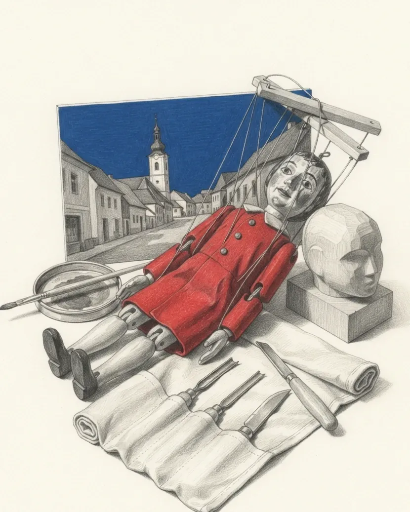 A group of Czech puppet objects drawn in graphite on warm white paper. A jointed limewood marionette lies diagonally across the group with its strings running up to a wooden control bar resting across it, its painted face worn and its coat the one solid red in the picture. A painted scenery flat of a village street with a church tower stands behind, its sky the one solid blue. In front lie an unrolled linen tool roll holding four carving gouges and a knife, a part-carved block with the shape of a head begun in it, and a shallow tin of dried paint with a brush across it.