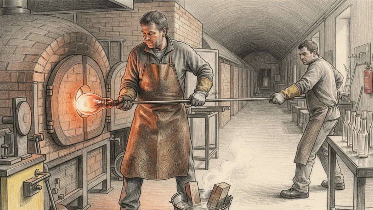 A glassworks at the furnace mouth, drawn in coloured pencil over graphite. A gaffer in a heavy leather apron and gauntlets stands with a blowing iron across his body, a glowing orange gather of molten glass on the far end of it held clear of both men and just outside the arched furnace door. A second worker in gloves swings the other end of the iron. Wooden shaping blocks steam in a bucket of water between them, finished bottles stand in rows on a steel table to the right, and the brick-vaulted hall runs away into the depth of the building.