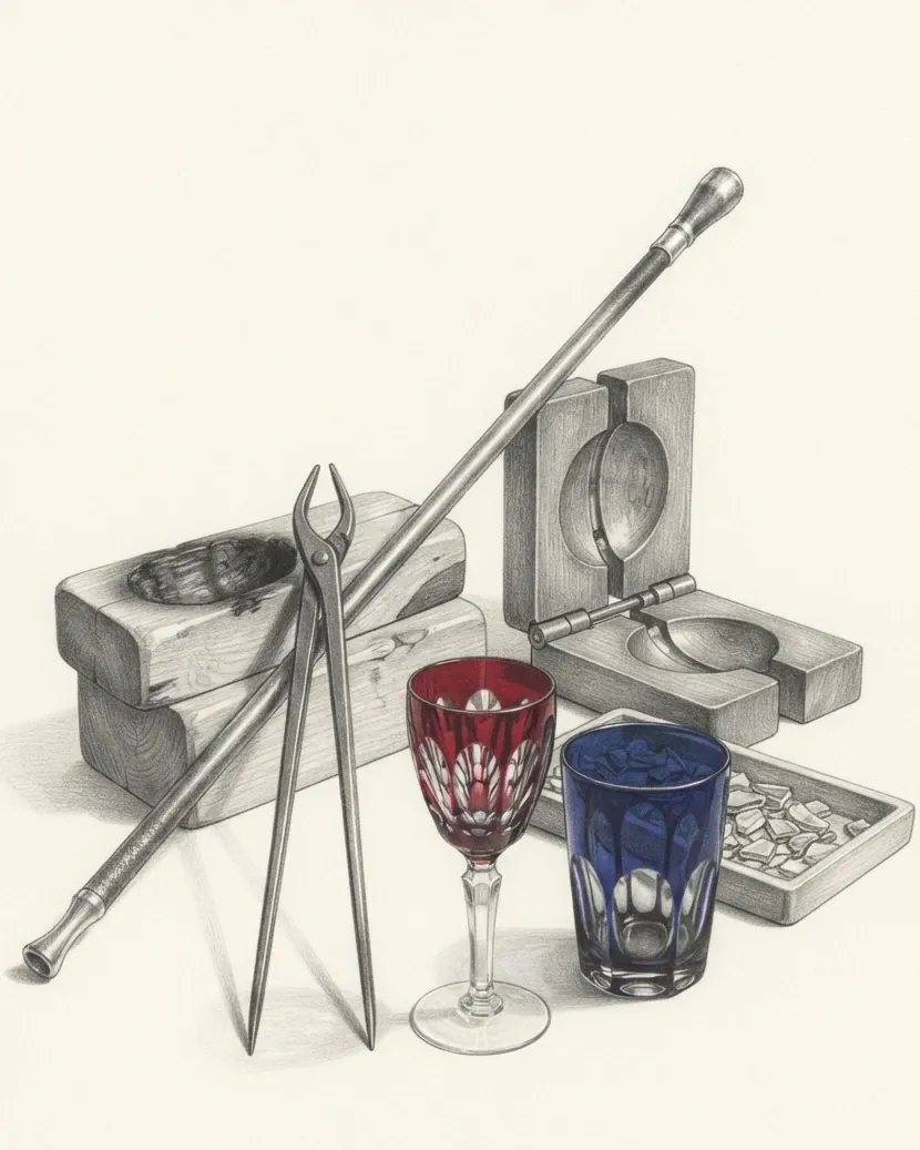 A group of glassworks objects drawn in graphite on warm white paper. A long steel blowing iron lies diagonally across the group with a pair of long jacks crossed over it, resting on two wooden shaping blocks hollowed and charred on the inside. A hinged iron mould stands open behind them and a shallow tray of broken cullet lies to the right. In front stand the only two coloured things in the picture: a faceted goblet cut through cased ruby and a heavier tumbler cut through cobalt.