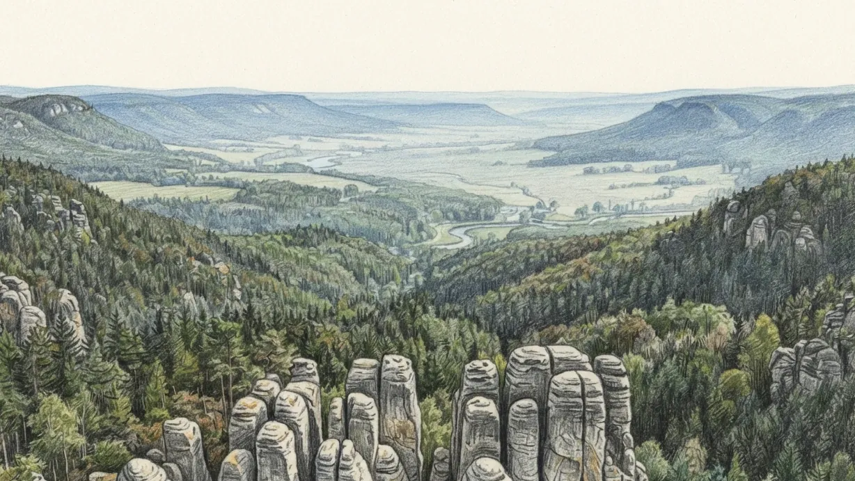 The Bohemian basin seen from its wooded rim, drawn in coloured pencil over graphite. A close-packed cluster of pale sandstone towers stands clear of the spruce and birch in the foreground, their vertical blocks split by narrow gaps and stained ochre where water has run. Forested ridges fall inward beyond them and the enclosed lowland opens out flat and hazy with a river winding across it, until a further rim of blue hills closes the far side, so the whole ring is legible in one view. Nothing built appears anywhere in the picture.