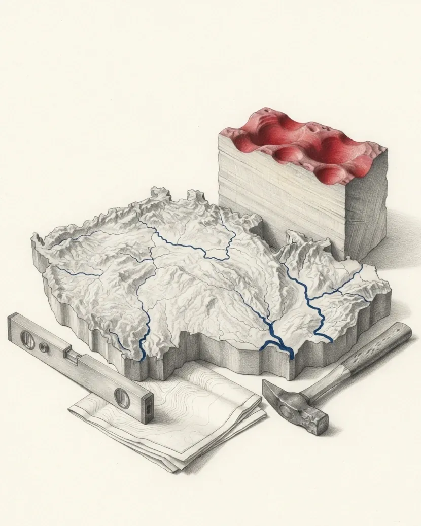A group of surveyed objects drawn in graphite on warm white paper. At the centre a cast relief model of Czechia with real thickness and a cut edge, its interior a wide shallow basin ringed by a raised rim of hills with a second lower range along the eastern third, and the water in its river channels the one blue in the picture, branching out through gaps in the rim. A sawn block of sandstone stands behind it with its bedding laid bare and its weathered top hollowed into rounded pockets, the one red. A folded contour sheet, a brass spirit level and a geologist's hammer lie in front.