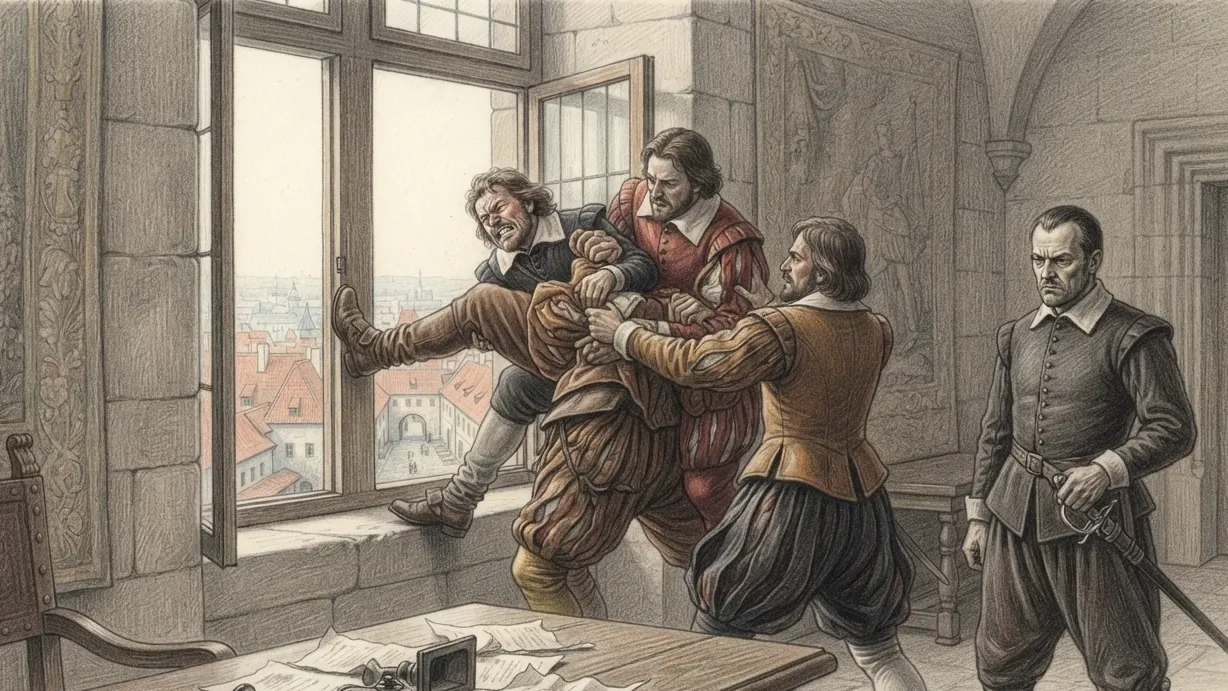 1618, a high chamber of the royal castle in Prague, drawn in coloured pencil over graphite. Men in the slashed doublets and falling collars of that decade struggle at a tall open casement: two of them haul a third towards it by the arms while he braces a boot against the frame. Loose papers and an overturned inkstand lie across the table in the foreground, a fourth man stands apart with his hand still on his sword hilt, and through the open window there is only air and the red roofs of the town far below.