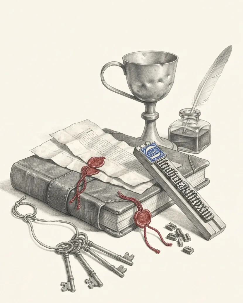 A group of objects drawn in graphite on warm white paper. A leather-bound register lies with a strap across it holding two folded parchment charters, each carrying a wax seal on a plaited cord, and those seals are the only red in the picture. A plain wide-bowled communion chalice of beaten metal stands behind, a glass inkwell with a quill beside it. A printer's composing stick holds a set line of blackletter type with a decorated initial at its head, the one blue, and a few loose sorts are spilled below. A ring of long iron keys lies on a worn cord at the front.