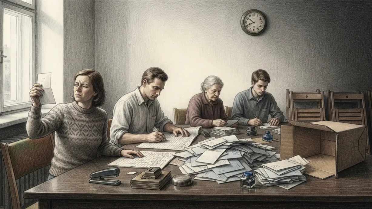 The counting after an election, drawn in coloured pencil over graphite and seen from seated height across a long table. Ballots are tipped out of the opened box into a heap in the middle and four people around the table sort them into piles, one holding a paper up to the window light to read a mark while another fills in a tally sheet ruled in columns. The emptied cardboard box lies on its side at the end of the table with a stamp, a stapler and two ink bottles beside the papers, spare chairs are stacked against the wall and a clock high on the wall shows late evening.